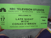 English: Image of a ticket used to gain admission to the show Late Night with Conan O'Brien.
