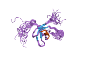 English: Cartoon representation of the molecular structure of protein registered with 1x65 code. Deutsch: Grafik des Molekularstruktur von jenem Protein, das mit 1x65 code registriert ist. Plattdüütsch: Grafik, de de Molekularstruktur von dat Protein wies