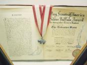 English: Photograph pf the Silver Buffalo citation presented to the Unknown Scout. Gilwell Park Museum,Epping Forest, England