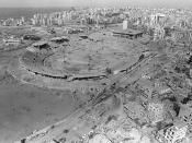 An aerial view of the stadium used as an ammunition supply site for the Palestine Liberation Organization during a confrontation with the Israelis. Marines have been deployed here to participate in a multinational peacekeeping operation.