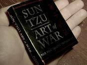 2003 Running Press Miniature Edition™ of Sun Tzu's The Art of War (ISBN 0-7624-1598-3). 1994 Ralph D. Sawyer translation. The book is 7 cm wide and 8.5 cm tall, human hand shown for scale. Taken and released into the public domain by User:Kallemax.