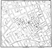 Original map made by John Snow in 1854. Cholera cases are highlighted in black.