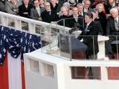 English: President Ronald Reagan, the 40th president of the United States of America, delivers his inaugural address from the specially built platform in front of the Capitol during Inauguration Day ceremony.