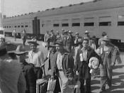 English: The first Braceros arriving in Los Angeles by train in 1942