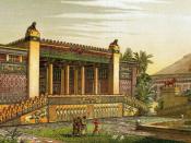 A panoramic view of the gardens and outside of the Palace of Darius I of Persia in Persepolis. Virtual recreation by Charles Chipiez (1835-1901). He created some of the most advanced virtual drawings of what Persepolis would have looked like as a metropol