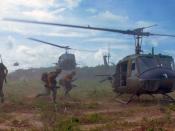 U.S. Army Bell UH-1D helicopters airlift members of the 2nd Battalion, 14th Infantry Regiment from the Filhol Rubber Plantation area to a new staging area, during Operation 
