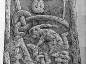 A part of the Gosforth Cross showing, among other things a figure with a horn above a bound figure, usually interpreted to be Loki and Sigyn from Norse mythology. Signed 