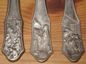 Cutlery for children. Detail showing fairy-tale scenes: Snow White, Little Red Riding Hood, Hansel and Gretel.