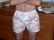 English: Man wearing boxer shorts which have printed the London Underground Map