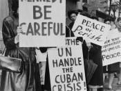 800 women strikers for peace on 47 St near the UN Bldg / World Telegram & Sun photo by Phil Stanziola. Group of women from holding placards relating to the Cuban missile crisis and to peace. Wikipedia abstract: 