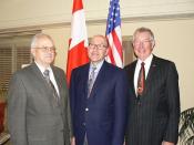 Ambassador Jacobson chats with Red Deer County Mayor Earl Kinsella (left) and Red Deer City Mayor Morris Flewwelling (right) at a meet & greet event they hosted for the Ambassador and Mrs. Jacobson in their community