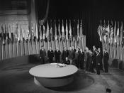 Joaquin Fernandez Y Fernandez, Minister for Foreign Affairs and Chairman of the delegation from Chile, signing the UN Charter at a ceremony held at the Veterans' War Memorial Building in San Francisco on 26 June 1945.