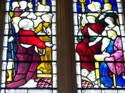 English: Stained glass window in St Paul's Cathedral, Melbourne, depicting a scene from the Book of Acts with St. Paul, Porcius Festus, Agrippa and Berenice