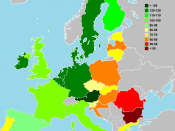 English: Map of the European Union with different colours according to the countries' GDP PPP per capita, according to the IMF's predictions for 2007. See www.imf.org. Italian version.