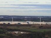 Nissan Motor Manufacturing UK Ltd in Sunderland, UK. Factory complex, including wind turbines, taken from Penshaw Monument.