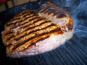 English: Rump steak on griddle pan