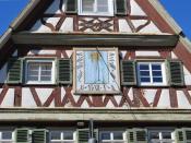 Sundial on the house of Katharina Guldenmann's birth, the mother of the astronomer Johannes Keppler. The house is in the Carl-Schmincke-Straße in Eltingen, a district of the city Leonberg in southern Germany.