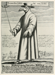 English: Description: Copper engraving of Doctor Schnabel Dr. Beak, a plague doctor in seventeenth-century Rome, with a satirical macaronic poem (‘Vos Creditis, als eine Fabel, / quod scribitur vom Doctor Schnabel’) in octosyllabic rhyming couplets.