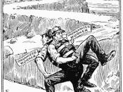1922 cartoon, courtesy of the American Federationist, caption reads: THE UNION MAN'S BURDEN, Every Organized Worker Carries an Unorganized Worker 