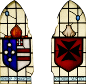 English: Stained glass windows in the entrance porch to St. John's Anglican Church, Ashfield, New South Wales (NSW). This left panel depicts the Coat of Arms of Bishop William Grant Broughton.