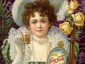 An 1890s advertisement showing model Hilda Clark in formal 19th century attire. The ad is titled Drink Coca-Cola 5¢. (US)