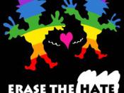 English: cartoon about happy guys in rainbow colors, against hate