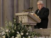 Former Secretary of State Henry Kissinger delivers his remarks honoring former President Gerald Ford during the State Funeral service at the National Cathedral in Washington, D.C..