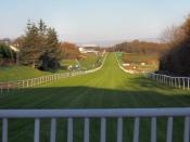 English: Six Furlongs. A view down the gallops at Hamilton Park racecourse, from the 6 furlong marker at the top of the hill, and the boundary of the course.
