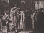 Painting titled Feodor Ioannovich presents a golden chain to Boris Godunov by Aleksey D. Kivshenko (1851-96)