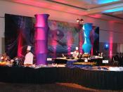 English: An example of event catering, at a party held by a major corporation at the Hyatt Regency in Burlingame. Notice the presence of uniformed catering staff, as well as the artistic arrangement of the lighting, tables, and various decorative elements