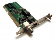 A 1990s network interface card supporting both coaxial cable-based 10BASE2 (BNC connector, left) and twisted pair-based 10BASE-T (8P8C connector, right)