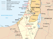 Map of Israel, the Palestinian territories (West Bank and Gaza Strip), the Golan Heights, and portions of neighbouring countries. Also United Nations deployment areas in countries adjoining Israel or Israeli-held territory, as of January 2004.