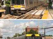 English: Long Island Rail Road provides services using electric trains and diesel (and dual-mode) trains. The top picture is in Garden City, and the bottom picture is in Farmingdale. Русский: На железной дороге Лонг-Айленда используется электрические и ди