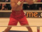 English: Professional boxer and heavyweight world champion Wladimir Klitschko in action, boxing against Hasim Rahman on December 13, 2008. I did this shot with enormous zoom, so the quality is as it is. But there are no free photos here of Klitschko in ac