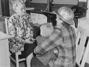 War workers' nursery. Mrs. Arlene Corbin (right), time checker in a Richmond, California shipyard brings two-and-a-half-year-old Arlene to a nursery school every morning before going home to sleep. Mrs. Corbin works on the midnight to 7:30 a.m. shift and 