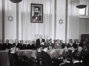 David Ben-Gurion (First Prime Minister of Israel) publicly pronouncing the Declaration of the State of Israel, May 14 1948, Tel Aviv, Israel, beneath a large portrait of Theodor Herzl, founder of modern political Zionism, in the old Tel Aviv Museum of Art