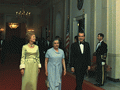 President Richard Nixon, First Lady Pat Nixon and Israeli Prime Minister Golda Meir walk to the State Dining Room prior to a state dinner, 1973