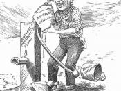 1914 US cartoon showing Woodrow Wilson priming the pump, representing prosperity, with buckets representing legislation.