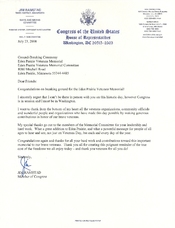 A letter from Congressman Ramstad which was read aloud during the ceremonial groundbreaking service.