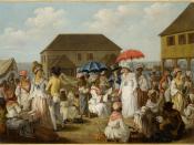 English: A Linen Market in Dominica in the 1770s depicting enslaved people, free 'people of color' and Europeans.