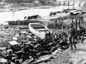 This photo is used as purported evidence of Nanking Massacre victims on the shore of Yangtze River. Skeptics however assert that these bodies were the Chinese soldiers who died in battle, not in massacre. Skeptics allege that this photo depicts bodies of 