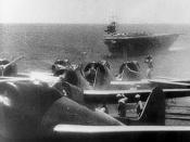 Japanese Navy Aichi D3A1 Type 99 carrier bombers (allied codename Val) prepare to take off from an aircraft carrier during the morning of 7 December 1941. Ship in the background is the carrier Soryu.