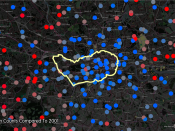 English: Image showing changes in the counts of bicycles in London at October 2008 compared to October 2001 based on official data. The London congestion charge was introduced in 2003. Red dots show a decline in bicycles, blue dots an increase. The bounda