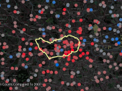 English: Image showing changes in the counts of cars and taxis in London at October 2008 compared to October 2001 based on official data. The London congestion charge was introduced in 2003. Red dots show a decline in vehicles, blue dots an increase. The 