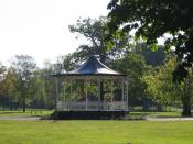 English: The Bandstand in Town Hall Park, Hayes. The bandstand is used each summer for concerts. The park and bandstand were featured in the film 'Bend it Like Beckham'