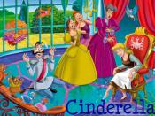 Cinderella fits the glass slipper. From left to right: Jaq, Gus, Suzy, Perla, the Grand Duke, Drizella, Anastasia, Lady Tremaine and Cinderella.