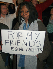 English: Whoopi Goldberg in New York City protesting the passage of California's Proposition 8 outside the Mormon Temple at Lincoln Center. Photographer's blog post about this photo and the protest.