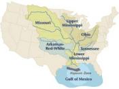 Map of the Mississippi River basin, showing sub-basins and the dead zone in the Gulf of Mexico.