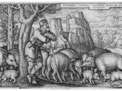 Hans Sebald Beham engraving of the parable of the Prodigal Son with his pigs, 1536