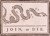 English: This political cartoon (attributed to Benjamin Franklin) originally appeared during the French and Indian War, but was recycled to encourage the American colonies to unite against British rule. Description taken from File:Joinordie.jpg uploaded b